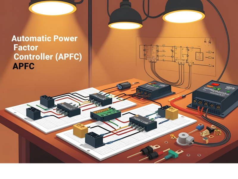 8051-based Automatic Power Factor Correction system with 4 relays, capacitor bank, current sensing unit, display, and load selector.